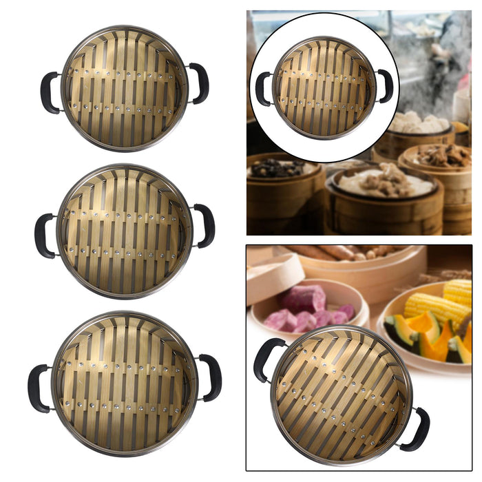 Stainless Steel Steamer Basket Bamboo Base Steamer for Dumplings Veggie 24cm