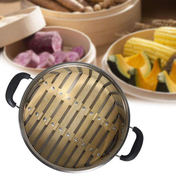 Stainless Steel Steamer Basket Bamboo Base Steamer for Dumplings Veggie 24cm