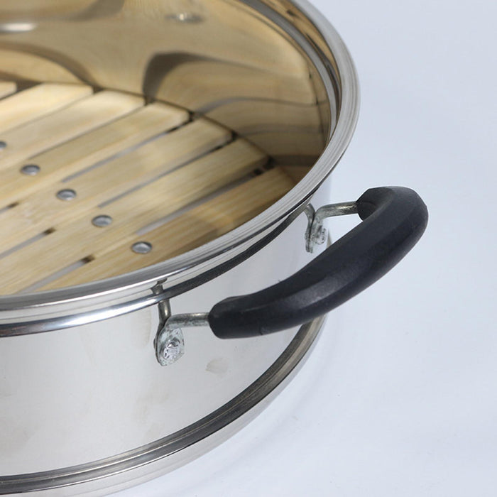 Stainless Steel Steamer Basket Bamboo Base Steamer for Dumplings Veggie 24cm