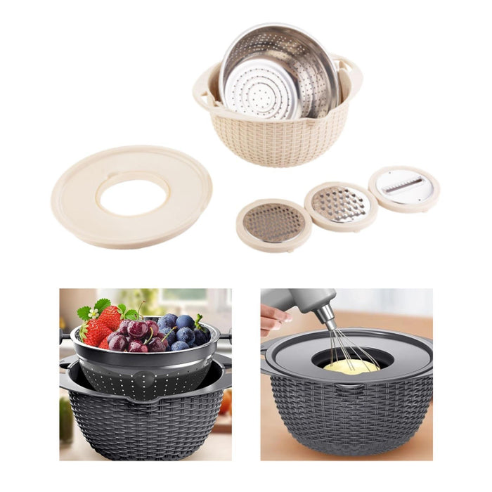 Colander with Mixing Bowl Set Utility Veggie Wash for Slicing Cooking Baking Beige