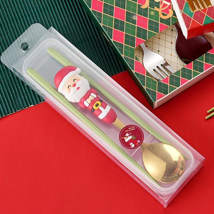 2Pcs Christmas Spoon and Fork Set Xmas Dessert Spoons for Iced Tea Ice Cream Santa Claus