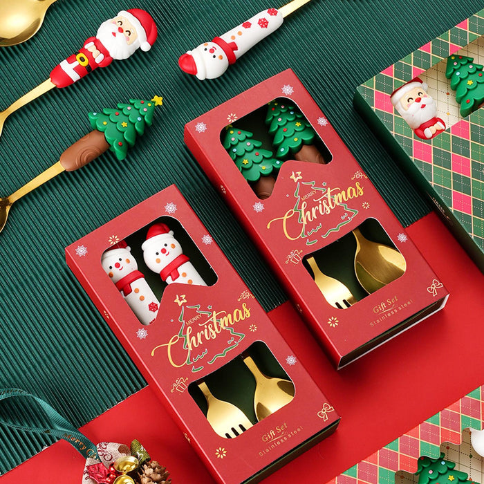 2Pcs Christmas Spoon and Fork Set Xmas Dessert Spoons for Iced Tea Ice Cream Santa Claus