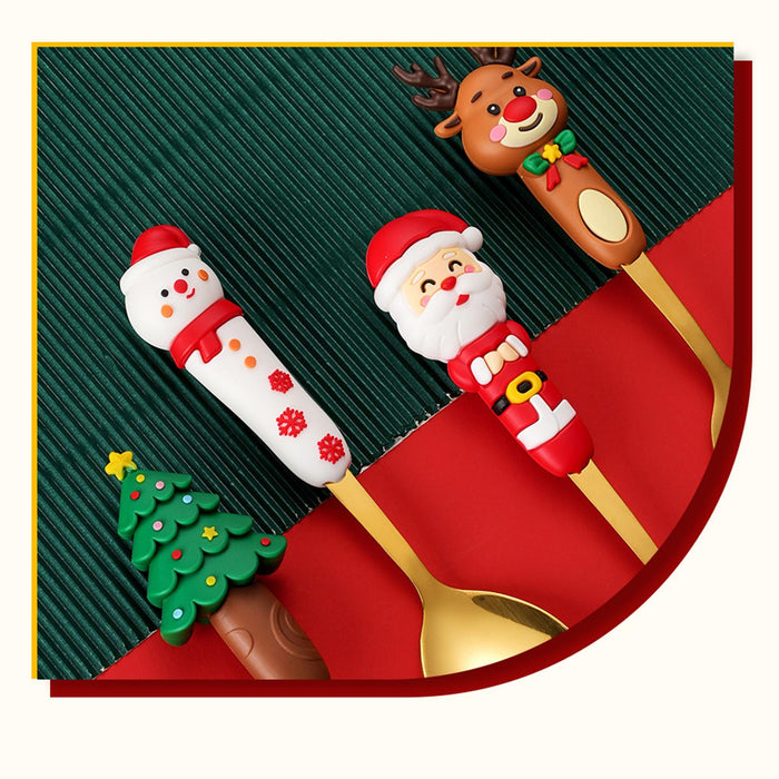 2Pcs Christmas Spoon and Fork Set Xmas Dessert Spoons for Iced Tea Ice Cream Santa Claus