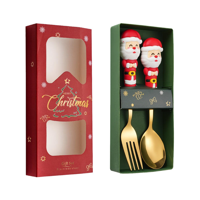 2Pcs Christmas Spoon and Fork Set Xmas Dessert Spoons for Iced Tea Ice Cream Santa Claus