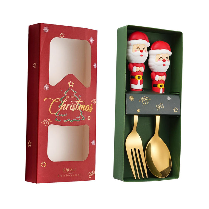 2Pcs Christmas Spoon and Fork Set Xmas Dessert Spoons for Iced Tea Ice Cream Santa Claus