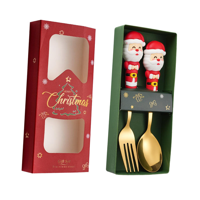 2Pcs Christmas Spoon and Fork Set Xmas Dessert Spoons for Iced Tea Ice Cream Santa Claus