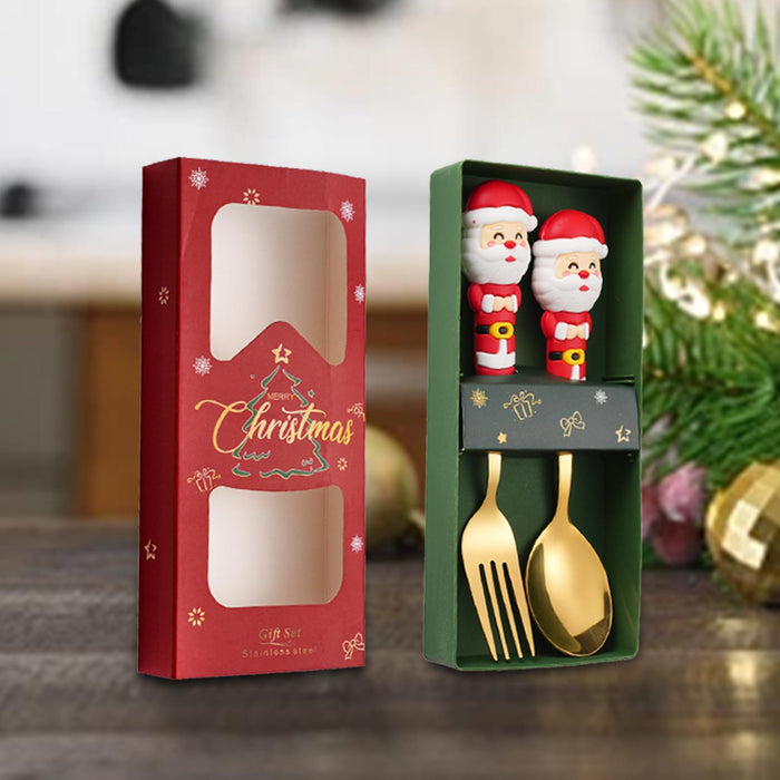 2Pcs Christmas Spoon and Fork Set Xmas Dessert Spoons for Iced Tea Ice Cream Santa Claus