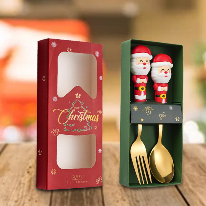 2Pcs Christmas Spoon and Fork Set Xmas Dessert Spoons for Iced Tea Ice Cream Santa Claus