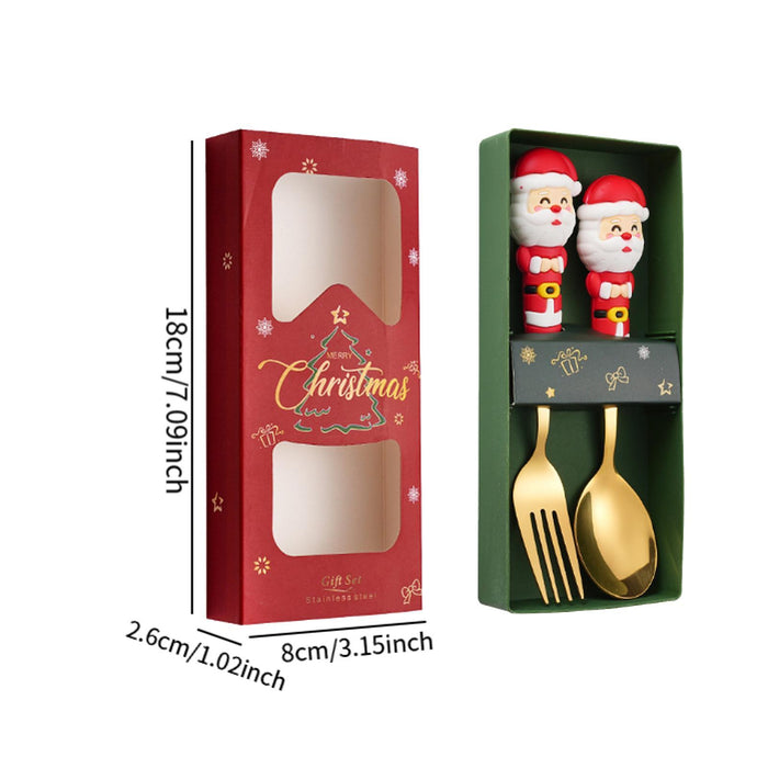 2Pcs Christmas Spoon and Fork Set Xmas Dessert Spoons for Iced Tea Ice Cream Santa Claus