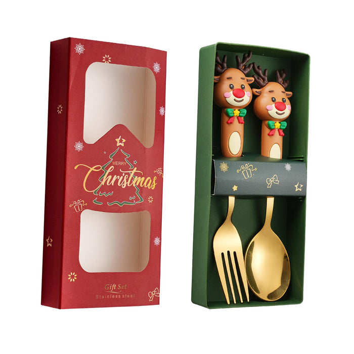 2Pcs Christmas Spoon and Fork Set Xmas Dessert Spoons for Iced Tea Ice Cream Elk