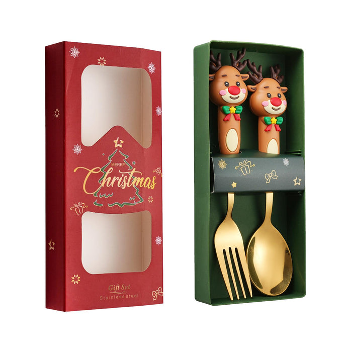 2Pcs Christmas Spoon and Fork Set Xmas Dessert Spoons for Iced Tea Ice Cream Elk