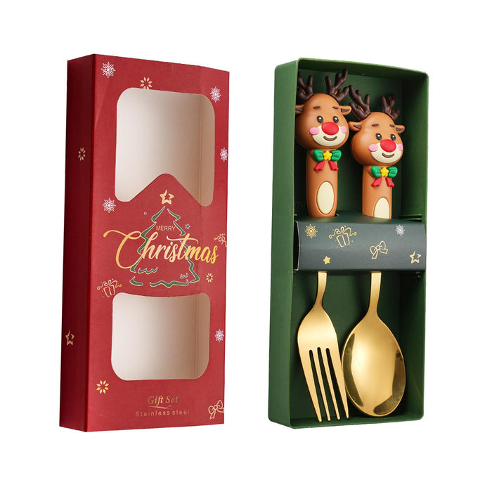 2Pcs Christmas Spoon and Fork Set Xmas Dessert Spoons for Iced Tea Ice Cream Elk