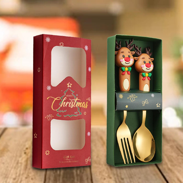 2Pcs Christmas Spoon and Fork Set Xmas Dessert Spoons for Iced Tea Ice Cream Elk