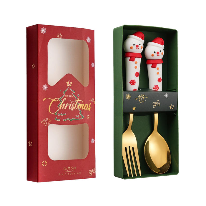 2Pcs Christmas Spoon and Fork Set Xmas Dessert Spoons for Iced Tea Ice Cream Snowman