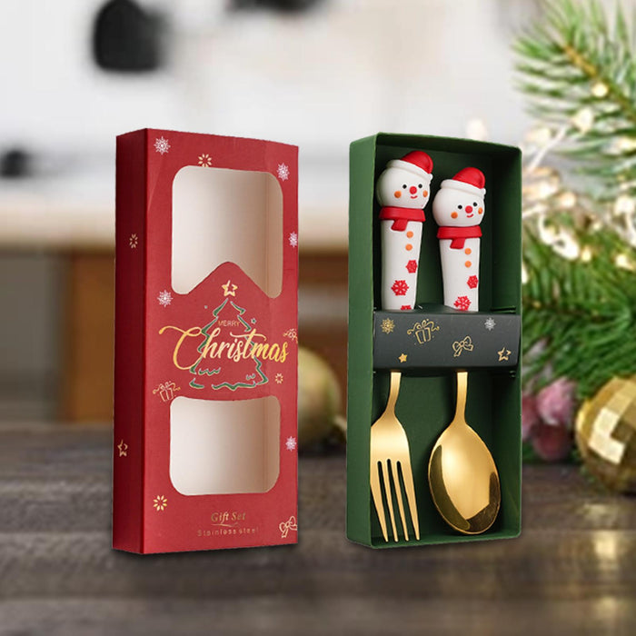 2Pcs Christmas Spoon and Fork Set Xmas Dessert Spoons for Iced Tea Ice Cream Snowman