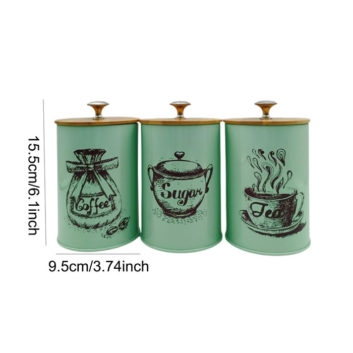 3x Coffee Tea Sugar Containers Iron Stylish Kitchen Canisters for Countertop Green