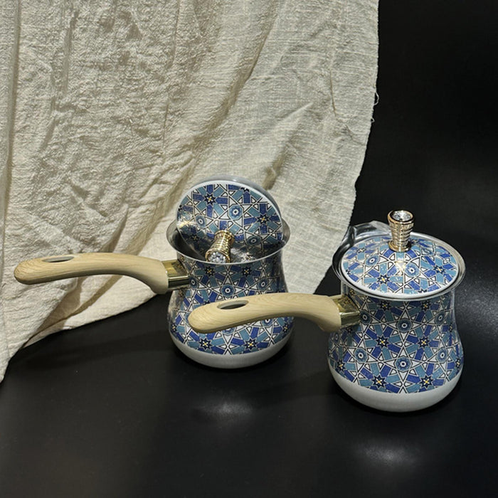 Stainless Steel Turkish Coffee Pot with Lid Melting Butter and Chocolate Pot 550ml Blue Pattern