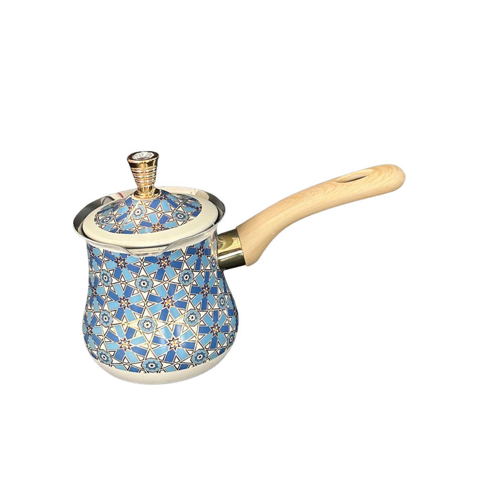 Stainless Steel Turkish Coffee Pot with Lid Melting Butter and Chocolate Pot 550ml Blue Pattern