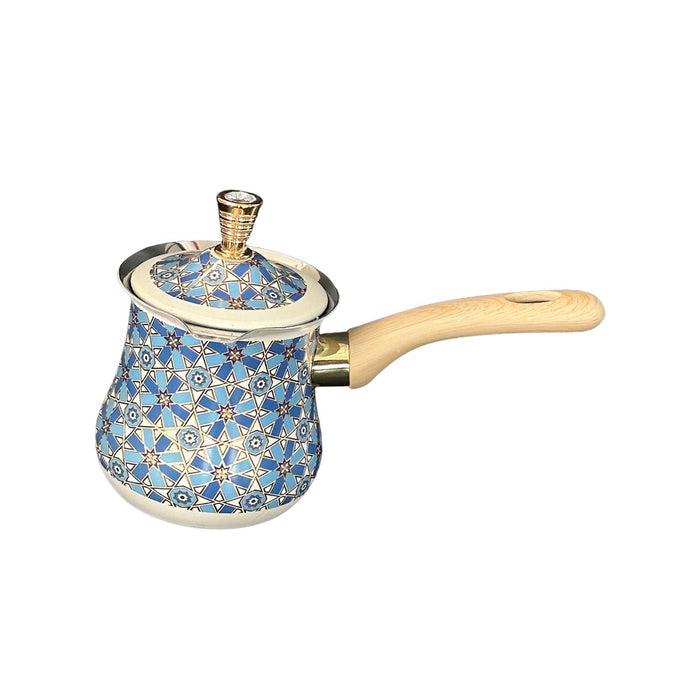 Stainless Steel Turkish Coffee Pot with Lid Melting Butter and Chocolate Pot 550ml Blue Pattern