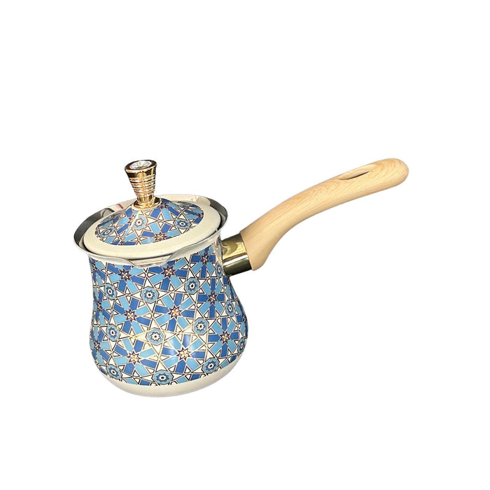 Stainless Steel Turkish Coffee Pot with Lid Melting Butter and Chocolate Pot 550ml Blue Pattern