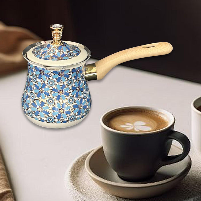 Stainless Steel Turkish Coffee Pot with Lid Melting Butter and Chocolate Pot 550ml Blue Pattern