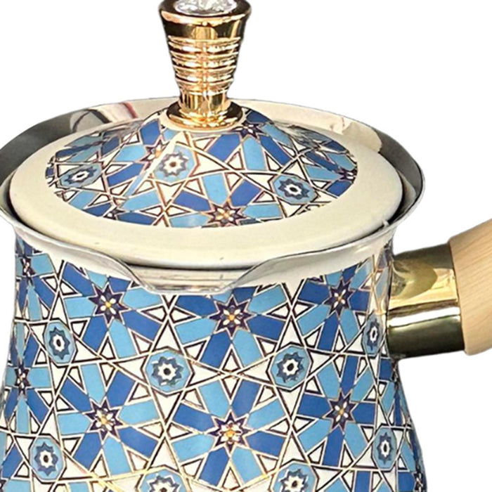 Stainless Steel Turkish Coffee Pot with Lid Melting Butter and Chocolate Pot 550ml Blue Pattern