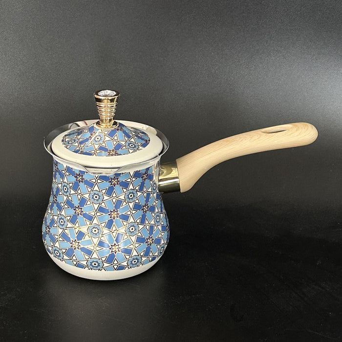 Stainless Steel Turkish Coffee Pot with Lid Melting Butter and Chocolate Pot 720ml Blue Pattern