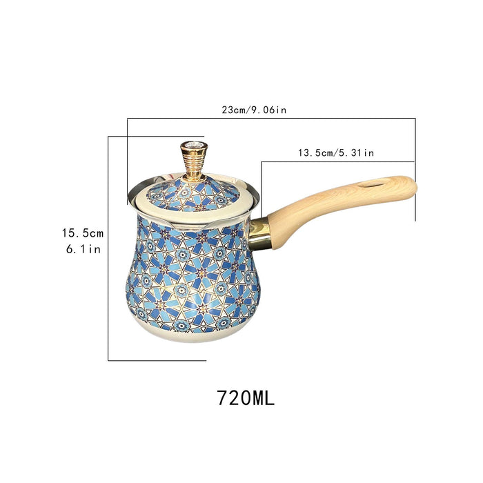 Stainless Steel Turkish Coffee Pot with Lid Melting Butter and Chocolate Pot 720ml Blue Pattern