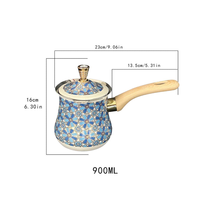 Stainless Steel Turkish Coffee Pot with Lid Melting Butter and Chocolate Pot 900ml Blue Pattern