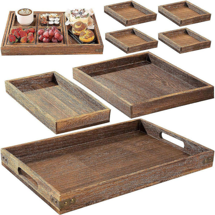 7Pcs Wooden Serving Trays Coffee Tea Tray for Kitchen Coffee Table Breakfast