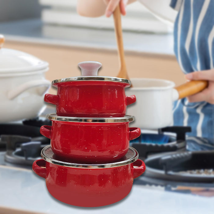 3Pcs Enamel Mini Pot Set Universal Portable Enamel Cookware Set Cooking Home red