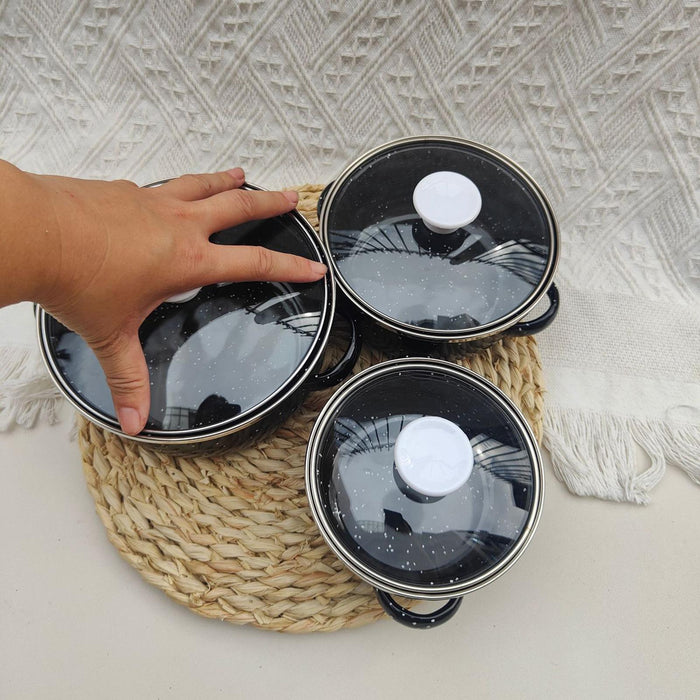 3Pcs Enamel Mini Pot Set Universal Portable Enamel Cookware Set Cooking Home black