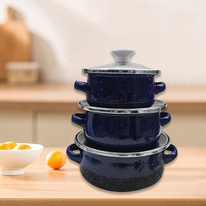 3Pcs Enamel Mini Pot Set Universal Portable Enamel Cookware Set Cooking Home dark blue