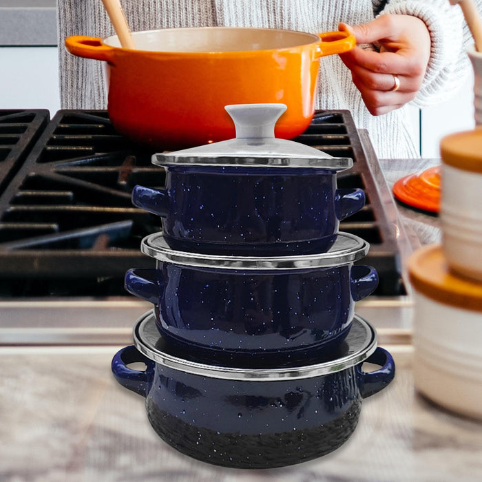 3Pcs Enamel Mini Pot Set Universal Portable Enamel Cookware Set Cooking Home dark blue