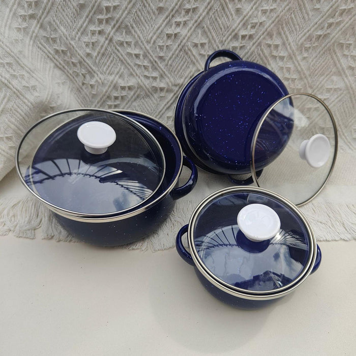 3Pcs Enamel Mini Pot Set Universal Portable Enamel Cookware Set Cooking Home dark blue