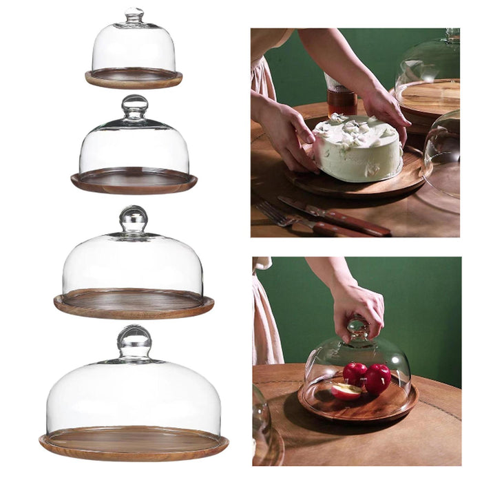 Wooden Cake Stand with Dome Cake Display Server Tray for Cream Party Kitchen 13cm lid