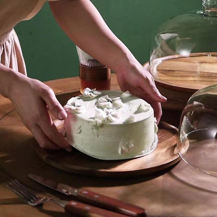 Wooden Cake Stand with Dome Cake Display Server Tray for Cream Party Kitchen 13cm lid