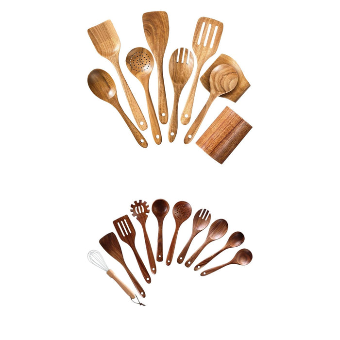 Wooden Kitchen Utensil Set Solid Spoon Fork for Mixing Stirring Serving 9 pieces