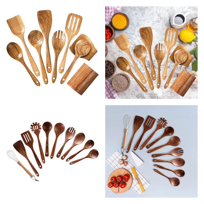 Wooden Kitchen Utensil Set Solid Spoon Fork for Mixing Stirring Serving 9 pieces