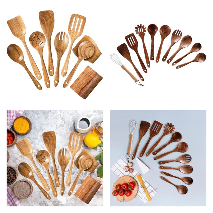 Wooden Kitchen Utensil Set Solid Spoon Fork for Mixing Stirring Serving 9 pieces