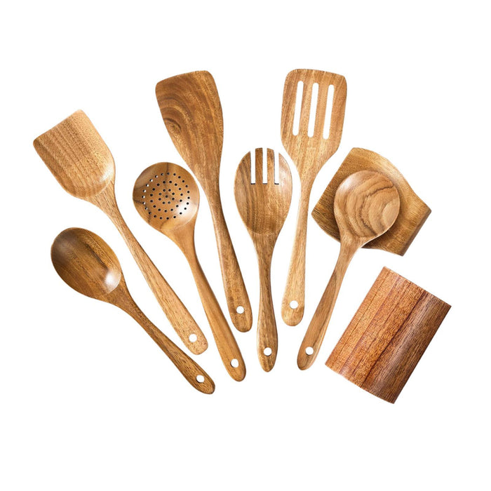 Wooden Kitchen Utensil Set Solid Spoon Fork for Mixing Stirring Serving 9 pieces