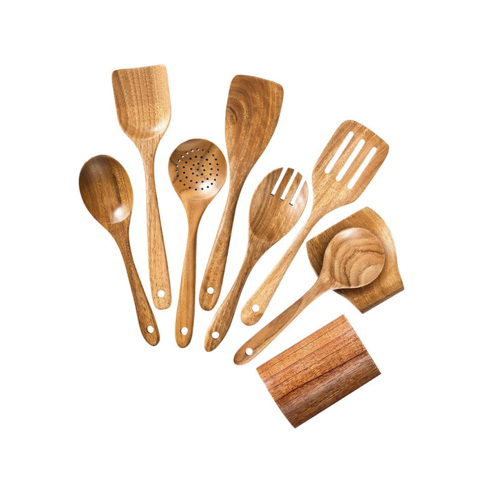 Wooden Kitchen Utensil Set Solid Spoon Fork for Mixing Stirring Serving 9 pieces