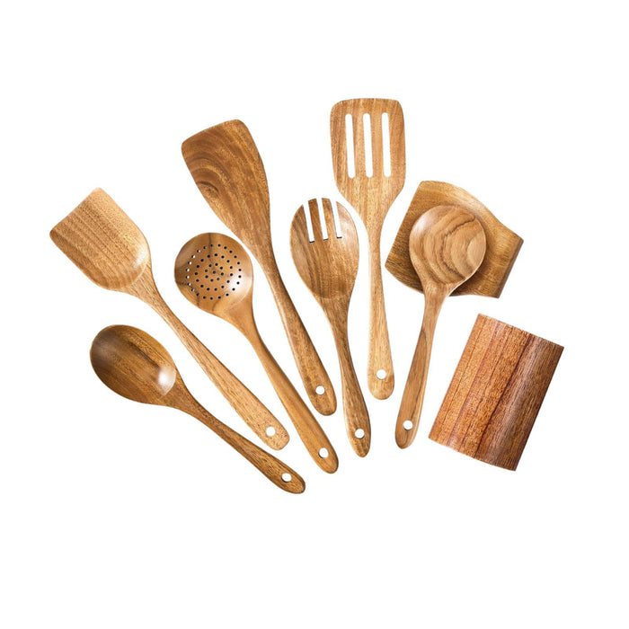 Wooden Kitchen Utensil Set Solid Spoon Fork for Mixing Stirring Serving 9 pieces