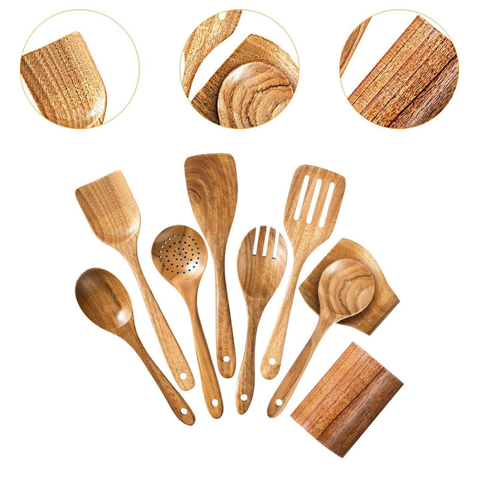 Wooden Kitchen Utensil Set Solid Spoon Fork for Mixing Stirring Serving 9 pieces