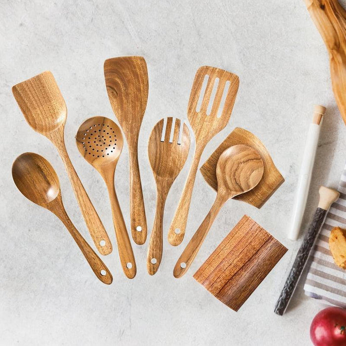 Wooden Kitchen Utensil Set Solid Spoon Fork for Mixing Stirring Serving 9 pieces