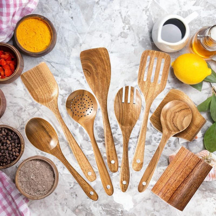 Wooden Kitchen Utensil Set Solid Spoon Fork for Mixing Stirring Serving 9 pieces