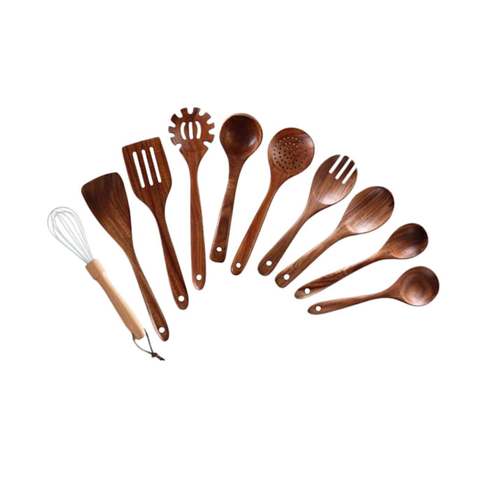 Wooden Kitchen Utensil Set Solid Spoon Fork for Mixing Stirring Serving 10 pieces