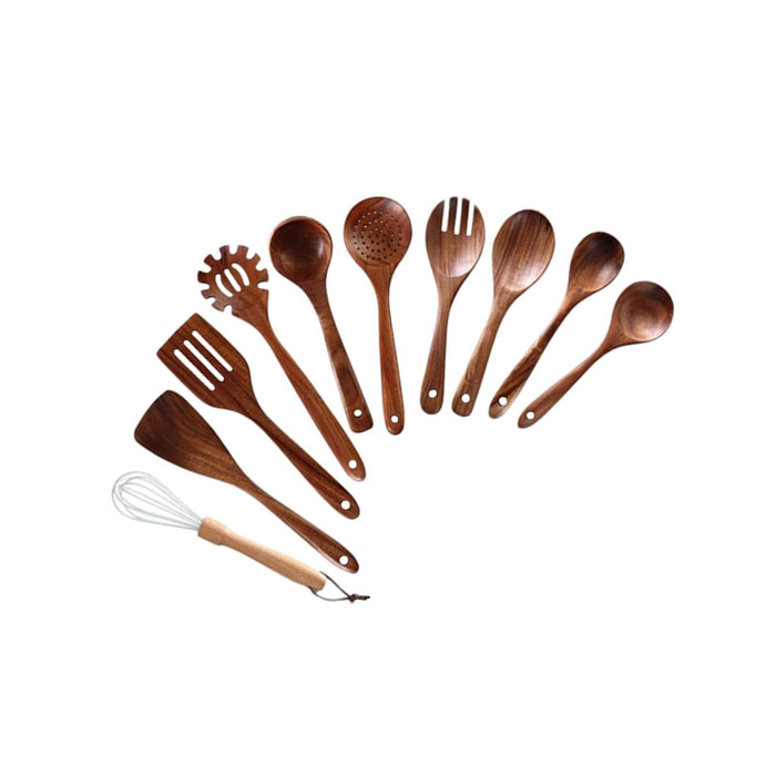 Wooden Kitchen Utensil Set Solid Spoon Fork for Mixing Stirring Serving 10 pieces