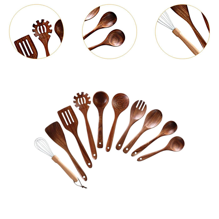 Wooden Kitchen Utensil Set Solid Spoon Fork for Mixing Stirring Serving 10 pieces