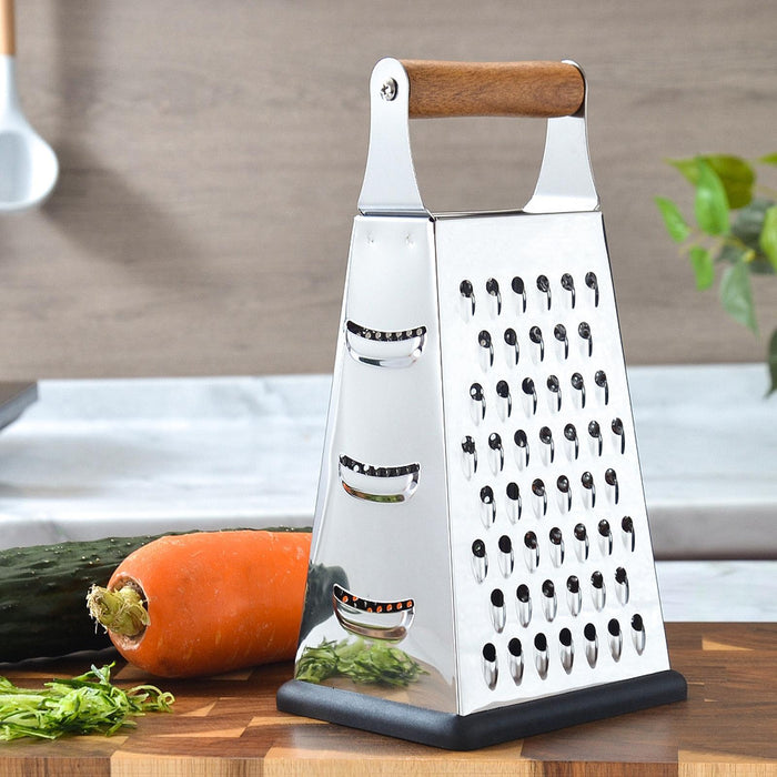 4 Sided Stainless Steel Box Grater Food Shredder for Cucumbers Cheese Ginger Wood Handle